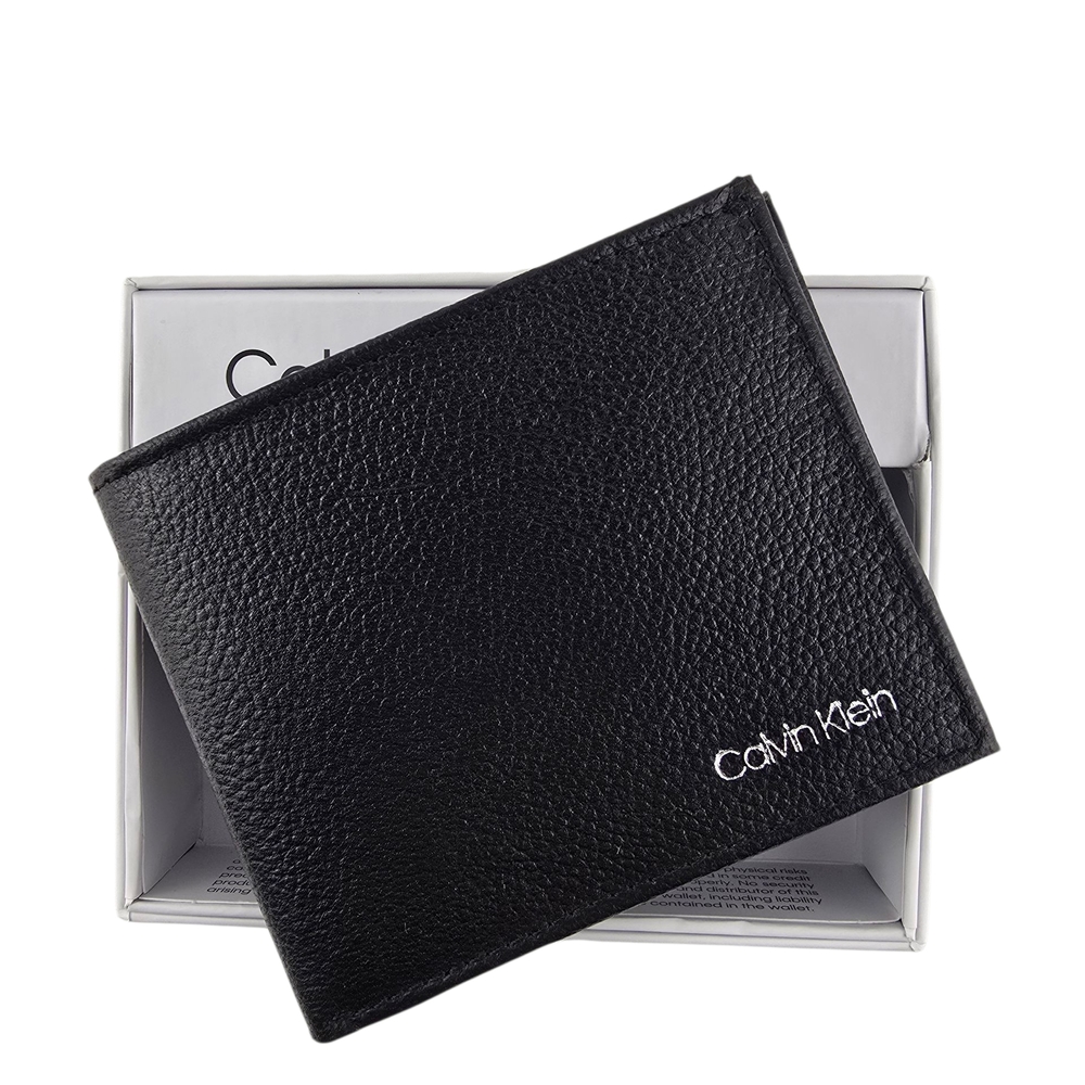 NWT Calvin Klein Men's Black Pebbled Leather RFID Bifold Wallet